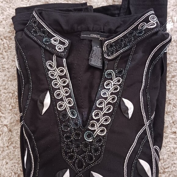 ONCE AGAIN Black Tunic Top Metallic Soutache Detail, Sz M 3/4 Sleeve Whimsigoth - Picture 5 of 10